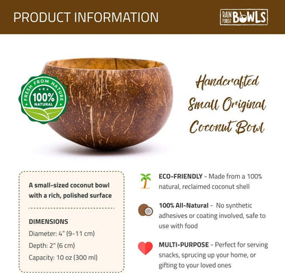 Set of 2 Small Original Coconut Bowls, 2 Wooden Spoons & 2 Reusable Bamboo Straws - 100% Natural, Hand Carved by Artisans, Eco-Friendly & Sustainable - Smoothie/Acai/Salad Bowls