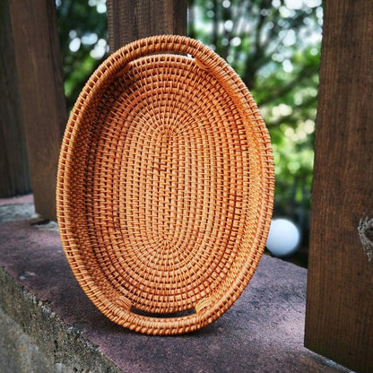 Small Handmade Rattan Basket, Oval Wicker Bowl, Rustic Serving Tray with Handles, Fruit Bowls, Table Organizers Storage Dish for Food, Catering, Catchall, Brown, S, 12.6 Inch
