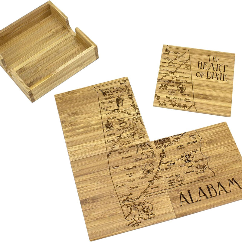 Alabama State Puzzle 4 Piece Bamboo Coaster Set with Case