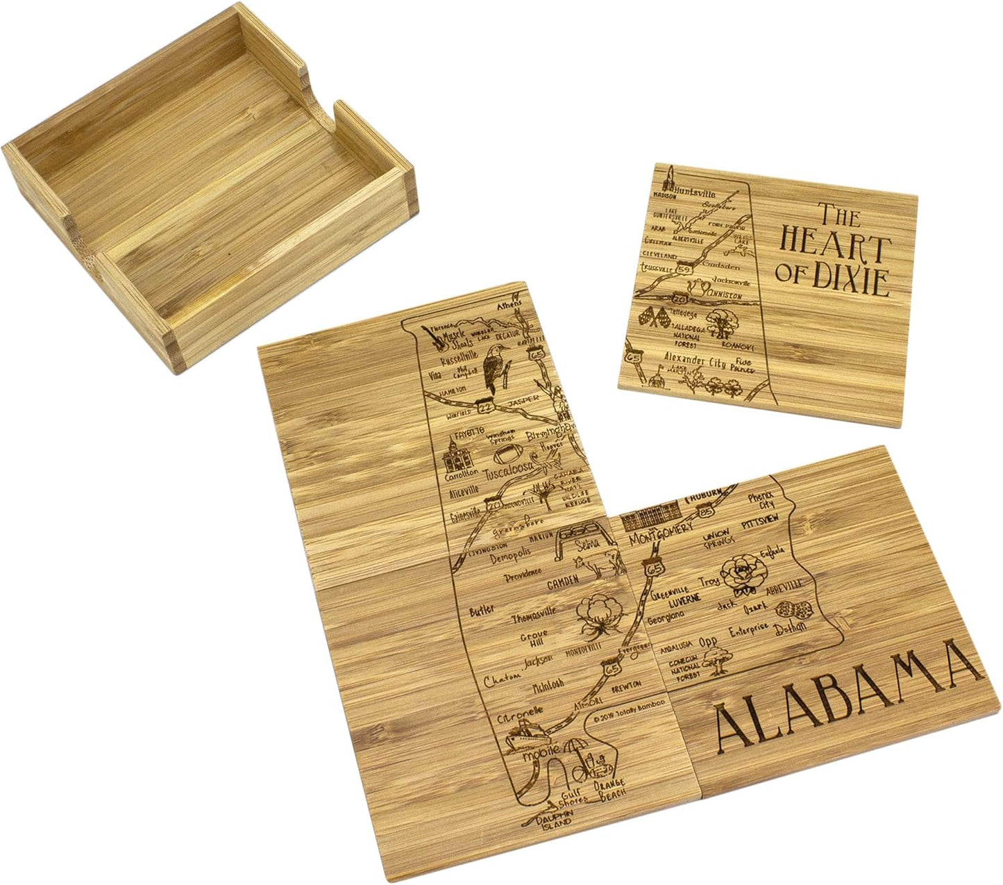 Alabama State Puzzle 4 Piece Bamboo Coaster Set with Case