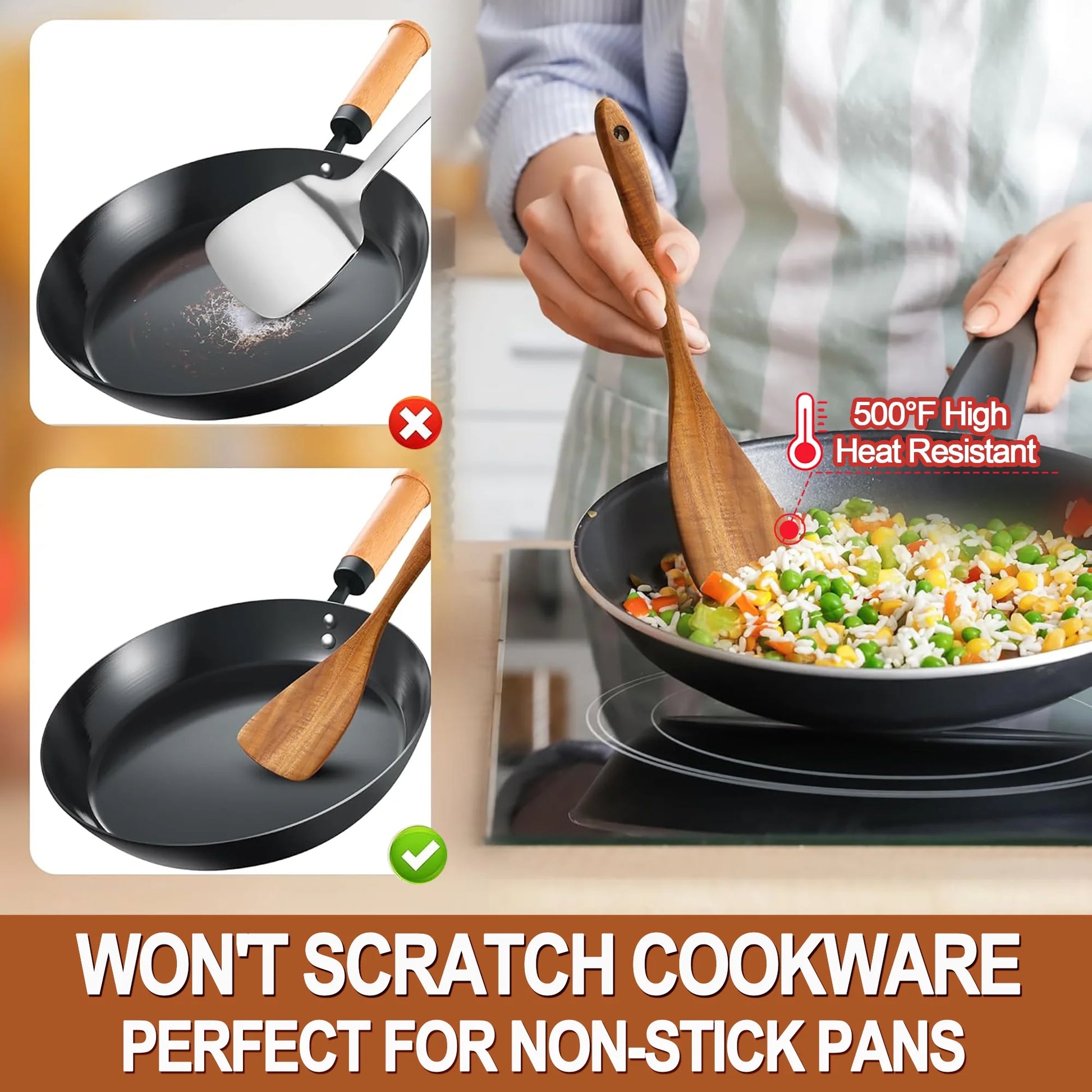 Wooden Spoons for Cooking, 10 Pcs Natural Teak Kitchen Utensil Set, Wooden Cooking Utensils Set for Nonstick Pans & Cookware