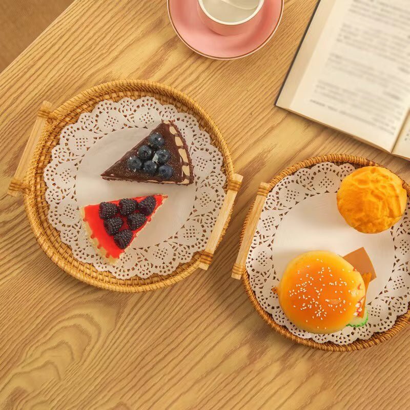 1PC Rattan Bread Storage Woven Snacks Fruit round Tray Picnic Binaural Tray Living Room Table Finishing