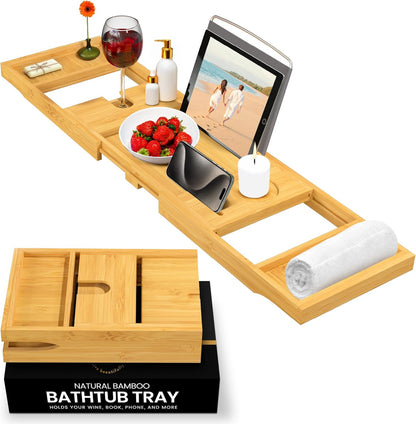 Wooden Bathtub Tray - Foldable & Expandable Bamboo Bath Tray for Tub with Wine Holder, Book & Tablet Stand - Bath Caddy Tray for Bathtub, Spa Bath Accessories for Women, Tub Tray Table