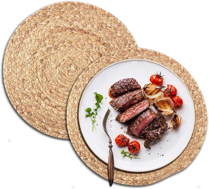 Round Woven Placemats, 13'' Plate Chargers Heat Resistant Non-Slip Water Hyacinth Weave Place Mats Farmhouse Straw Braided Rattan Tablemats Wicker Placemats for Dining Table Decor Set of 6