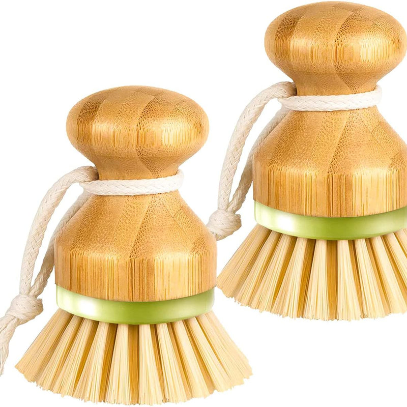 Bamboo Dish Brush, Scrub Brush for Dishes Pots Pans Kitchen Sink Cast Iron Skillet Cleaning, Pack of 2