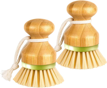 Bamboo Dish Brush, Scrub Brush for Dishes Pots Pans Kitchen Sink Cast Iron Skillet Cleaning, Pack of 2