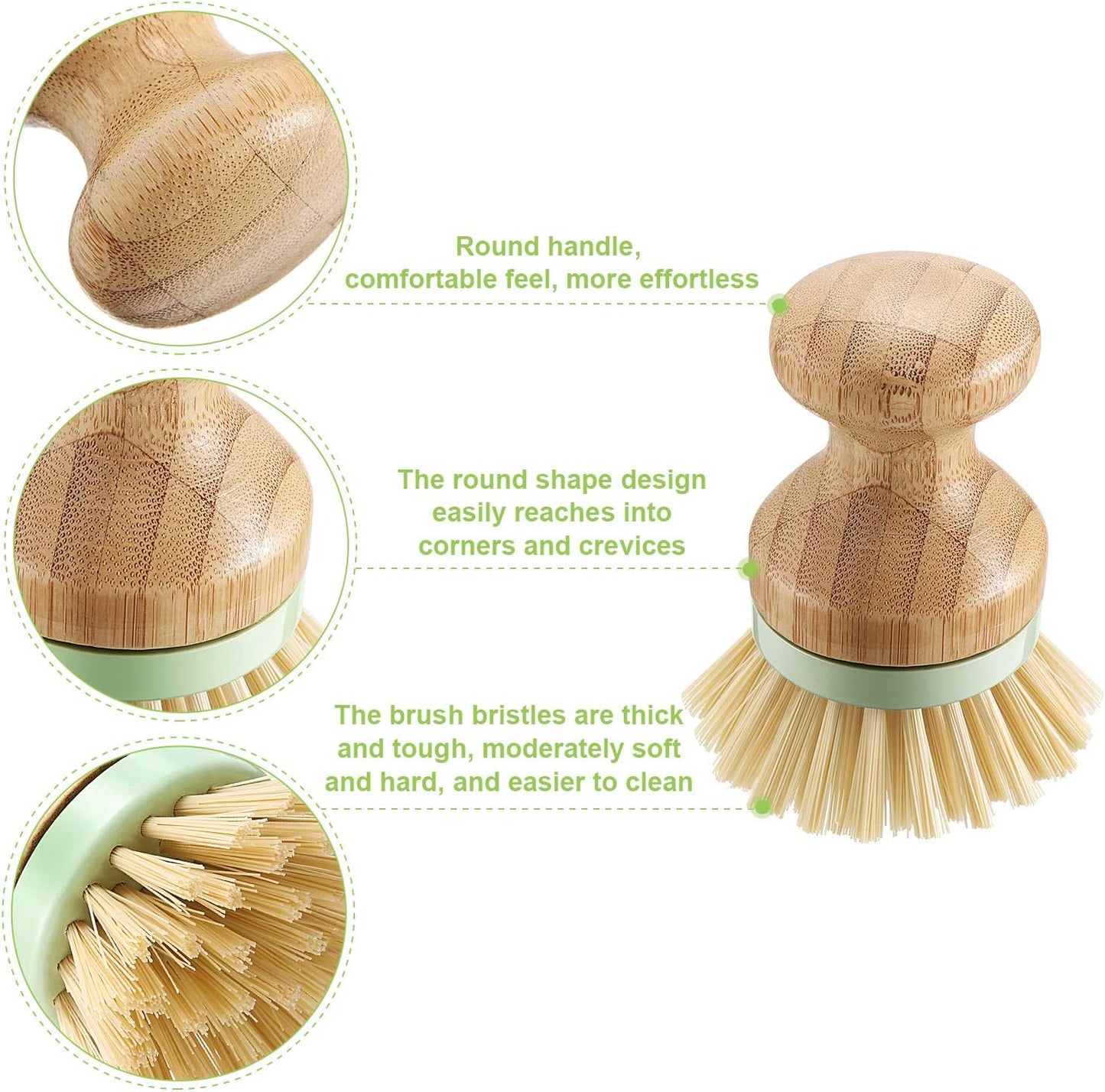 4 Pieces Bamboo Dish Scrub Brush with Holders Wooden Bamboo round Scrubbers Stiff Bristles Pot Brushes for Wash Dishes, Pots, Pans, Kitchen Iron Pot Pan Sink(Classic Style,Green)