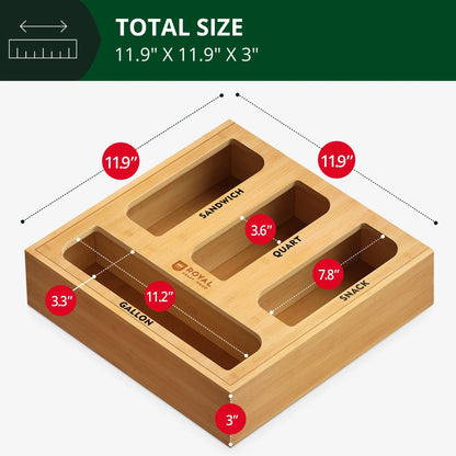 Bamboo Ziplock Bag Storage Organizer for Kitchen Drawer & Wall Mount, 4 in 1 - Food Storage Bags Container with Slider - Fits Any Brand Gallon, Quart, Sandwich, and Snack Food Bags