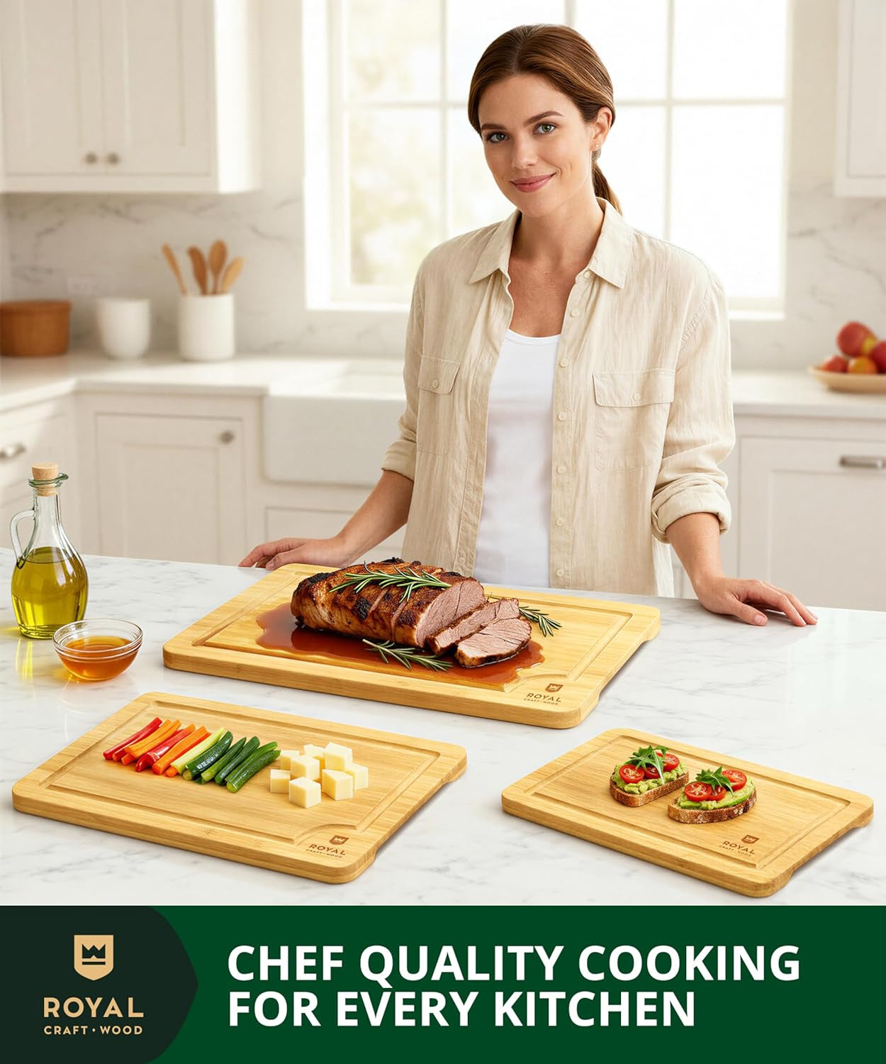 Premium Cutting Boards for Kitchen Meal Prep & Serving - Bamboo Wooden Serving Board Set with Deep Juice Groove Side Handles - Charcuterie & Chopping Butcher Block for Meat