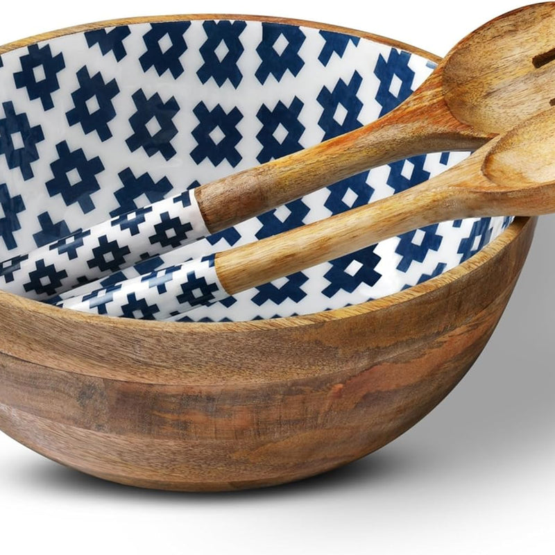 Salad Bowl or Wooden Bowls with Serving Tongs, Large for Fruits, Cereal or Pasta, Large Mixing Bowl Set, 12" Diameter X 5" Height, Mango Wood, Blue