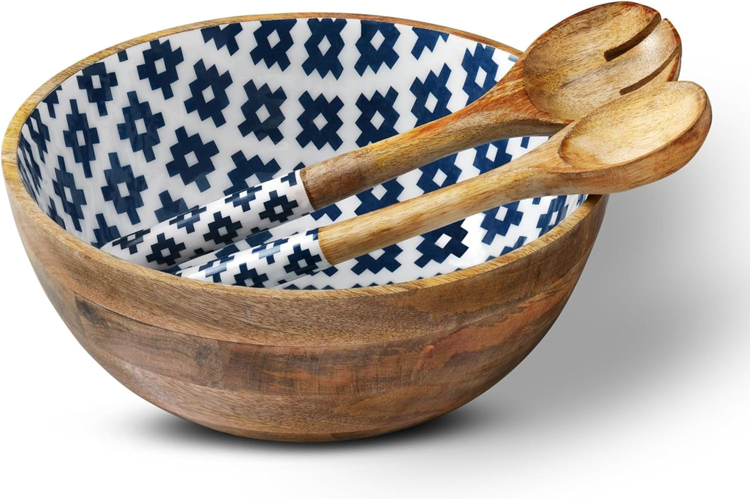 Salad Bowl or Wooden Bowls with Serving Tongs, Large for Fruits, Cereal or Pasta, Large Mixing Bowl Set, 12" Diameter X 5" Height, Mango Wood, Blue