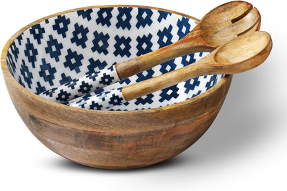 Salad Bowl or Wooden Bowls with Serving Tongs, Large for Fruits, Cereal or Pasta, Large Mixing Bowl Set, 12" Diameter X 5" Height, Mango Wood, Blue
