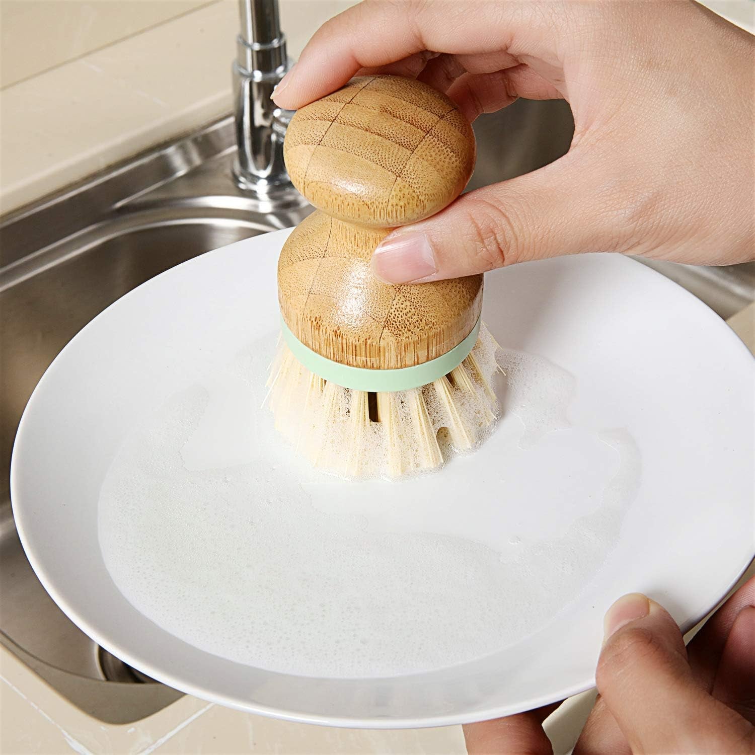 4 Pieces Bamboo Dish Scrub Brush with Holders Wooden Bamboo round Scrubbers Stiff Bristles Pot Brushes for Wash Dishes, Pots, Pans, Kitchen Iron Pot Pan Sink(Classic Style,Green)