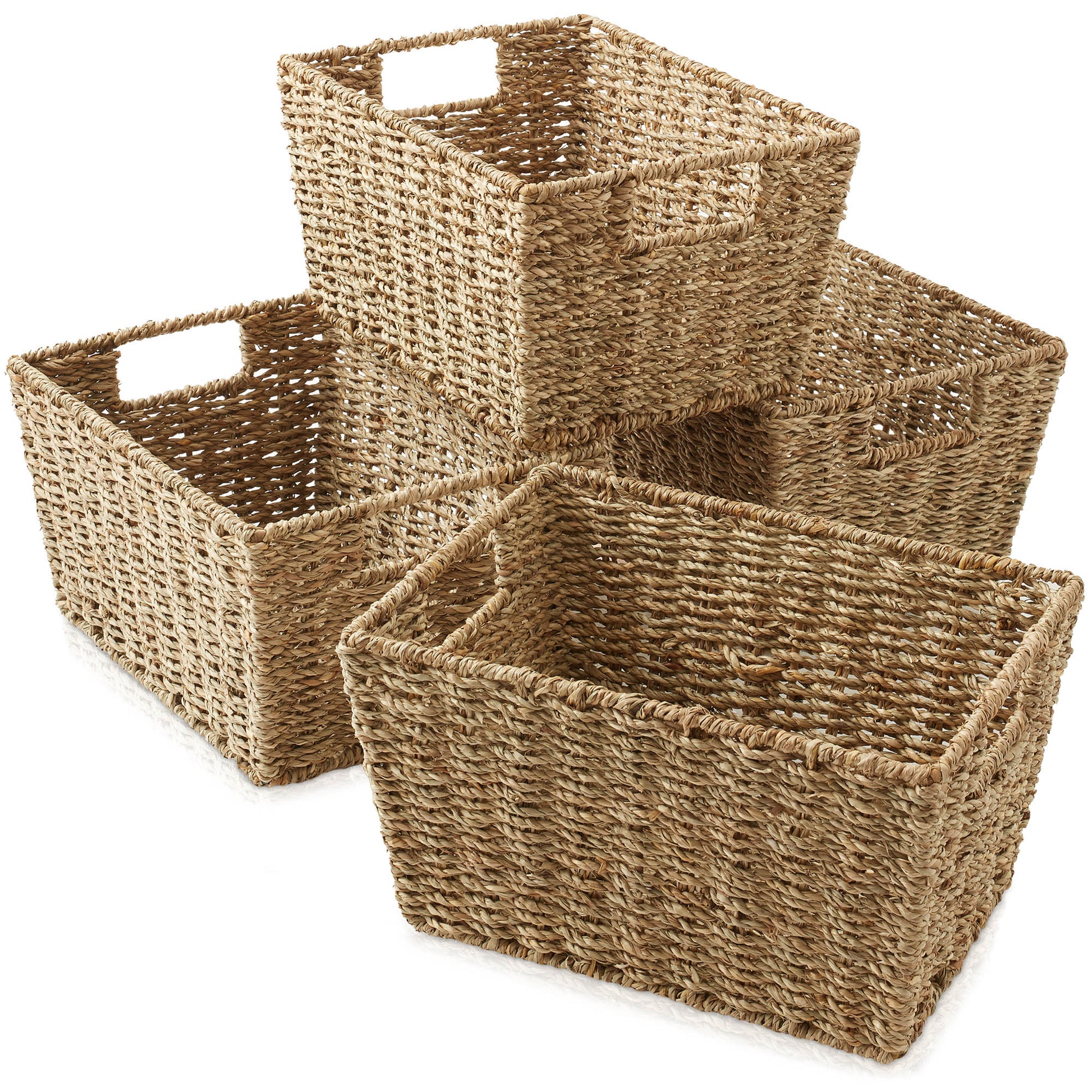 Set of 4 Storage Baskets with Handles, Wicker Seagrass Hyacinth Bins for Shelves