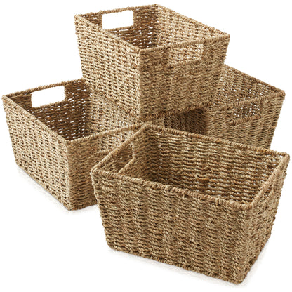 Set of 4 Storage Baskets with Handles, Wicker Seagrass Hyacinth Bins for Shelves