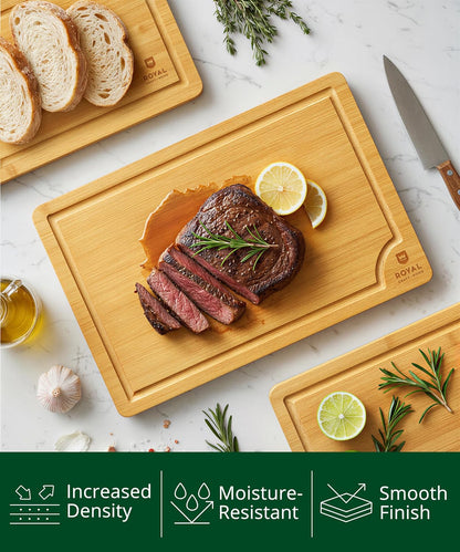 Premium Cutting Boards for Kitchen Meal Prep & Serving - Bamboo Wooden Serving Board Set with Deep Juice Groove Side Handles - Charcuterie & Chopping Butcher Block for Meat
