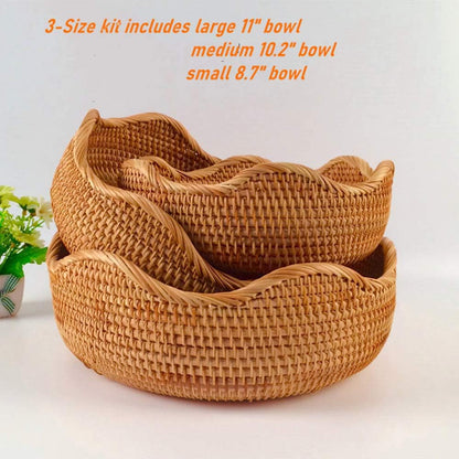 Handmade Rattan round Fruit Basket Food Storage Organizer Snack Serving Tray Basket with 3' Deep Wall, Boho Decor Display Tray Bowl (3-Size Kit)