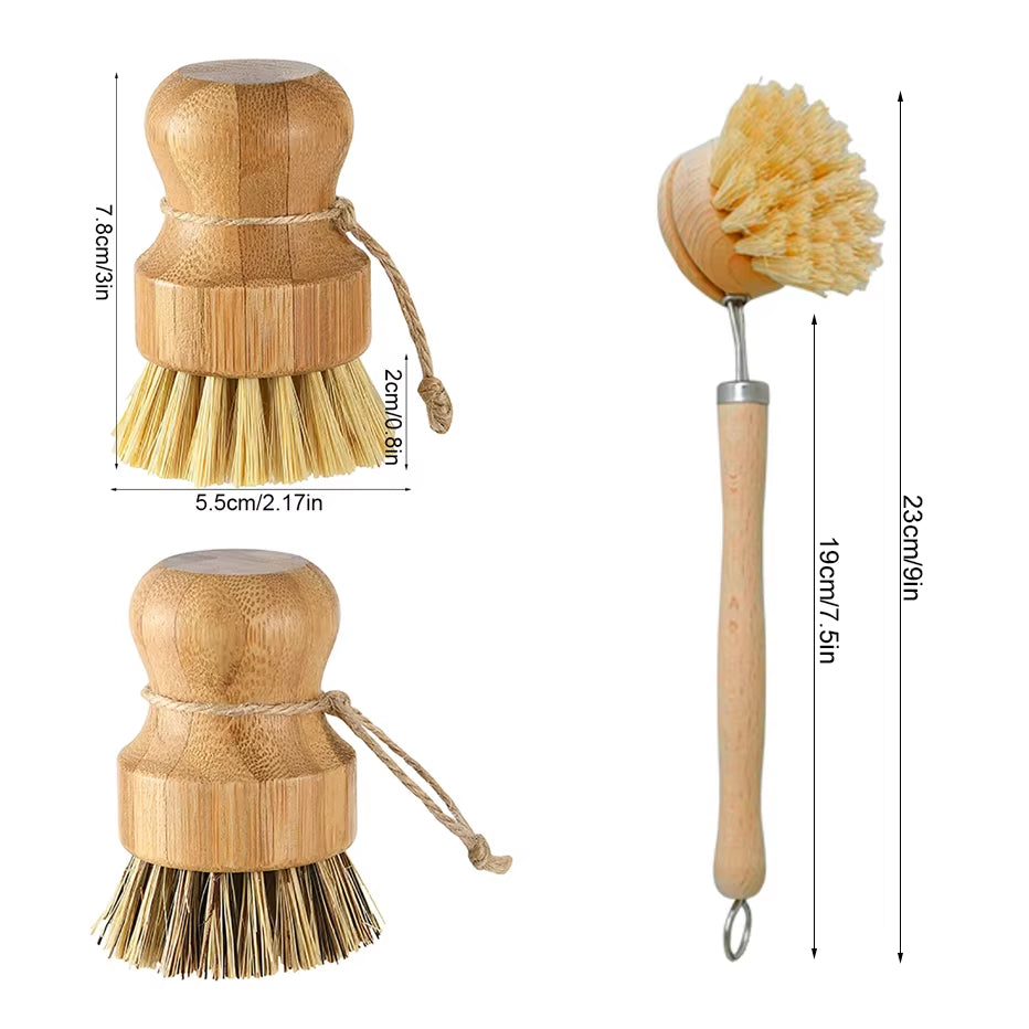 Bamboo Kitchen Cleaning Brush Natural Dishes Pots Pans Sink Washing Brush Eco-Friendly Clean Scrubber with Draining Storage Tray