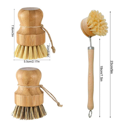 Bamboo Kitchen Cleaning Brush Natural Dishes Pots Pans Sink Washing Brush Eco-Friendly Clean Scrubber with Draining Storage Tray