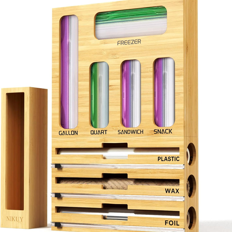 9 in 1 Bamboo Foil and Plastic Wrap Organizer for Kitchen Drawer, Plastic Bag Organizer Organization and Storage, Food Storage Bag Organizer with Labels for Quart Gallon Snack Sandwich Bag