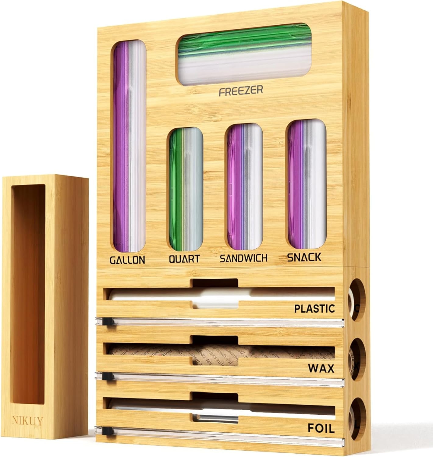 9 in 1 Bamboo Foil and Plastic Wrap Organizer for Kitchen Drawer, Plastic Bag Organizer Organization and Storage, Food Storage Bag Organizer with Labels for Quart Gallon Snack Sandwich Bag