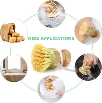 Bamboo Dish Brush, Scrub Brush for Dishes Pots Pans Kitchen Sink Cast Iron Skillet Cleaning, Pack of 2