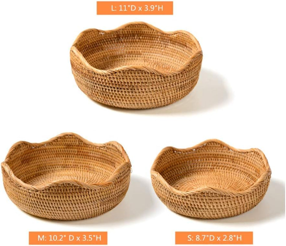Handmade Rattan round Fruit Basket Food Storage Organizer Snack Serving Tray Basket with 3' Deep Wall, Boho Decor Display Tray Bowl (3-Size Kit)