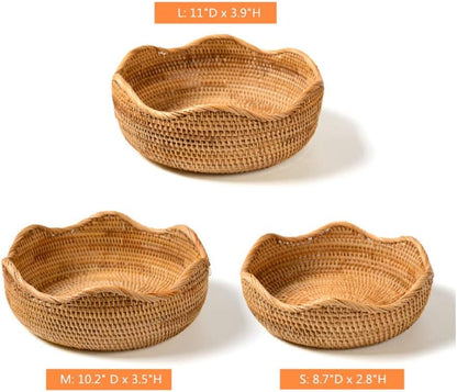 Handmade Rattan round Fruit Basket Food Storage Organizer Snack Serving Tray Basket with 3' Deep Wall, Boho Decor Display Tray Bowl (3-Size Kit)