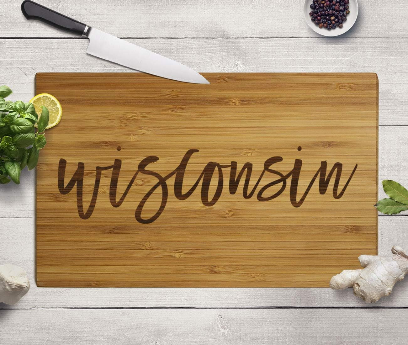 Wisconsin State Bamboo Wood Cutting Board, 17.75 X 11-Inch, Calligraphy, 1-Pack, Large Engraved Serving Chopping Board Christmas Birthday Moving Away College Graduation Chef Kitchen Ideas