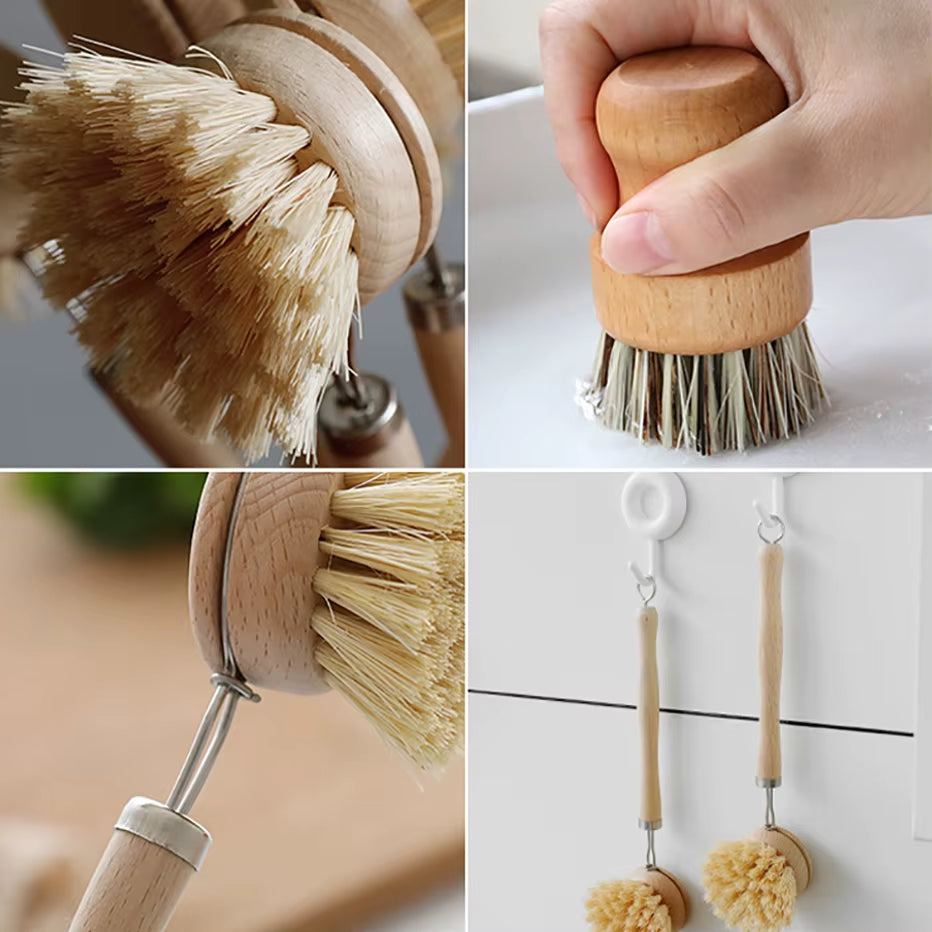 Bamboo Kitchen Cleaning Brush Natural Dishes Pots Pans Sink Washing Brush Eco-Friendly Clean Scrubber with Draining Storage Tray