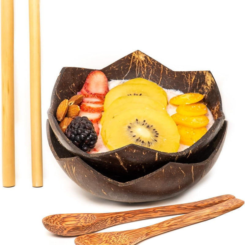 Set of 2 Jumbo Star Coconut Bowls, 2 Wooden Spoons & 2 Reusable Bamboo Straws - 100% Natural, Hand Carved by Artisans, Eco-Friendly & Sustainable - Smoothie/Acai/Salad Bowls