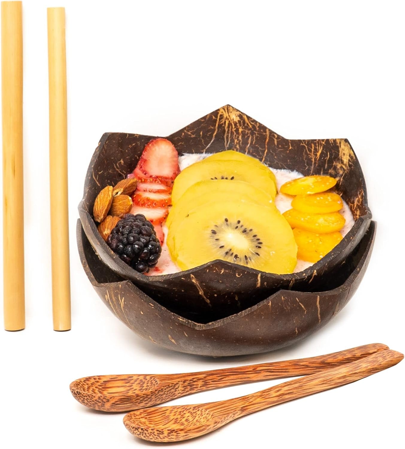 Set of 2 Jumbo Star Coconut Bowls, 2 Wooden Spoons & 2 Reusable Bamboo Straws - 100% Natural, Hand Carved by Artisans, Eco-Friendly & Sustainable - Smoothie/Acai/Salad Bowls
