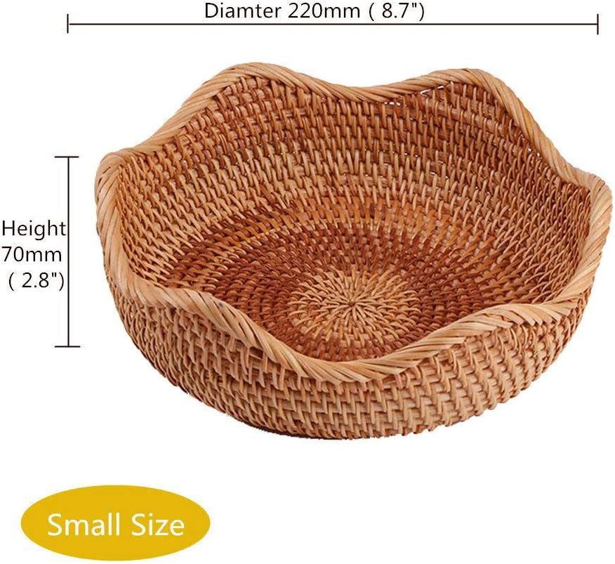 Handmade Rattan round Fruit Basket Food Storage Organizer Snack Serving Tray Basket with 3' Deep Wall, Boho Decor Display Tray Bowl (3-Size Kit)