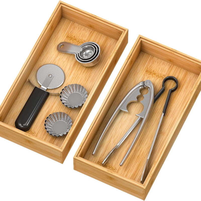 Bamboo Kitchen Drawer Organizer,Stackable Silverware Tray Utensil Organizer Cutlery Holder for Kitchen,Wooden Storage Box for Bathroom, Multi-Use Drawer Organizer for Office,Makeup(12X6X2.5 Inch）
